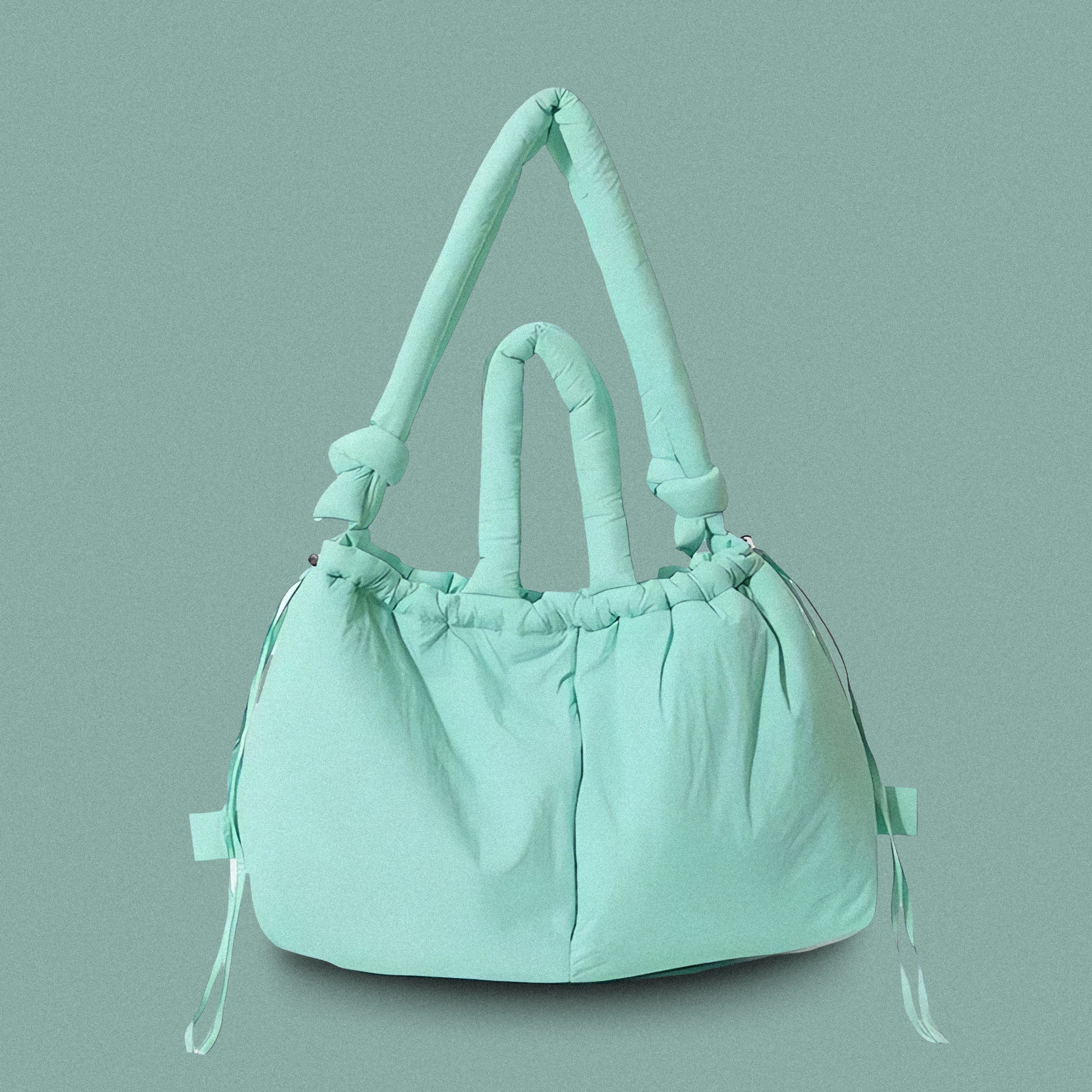 PLSH teal women’s designer puffer handbag on a teal background