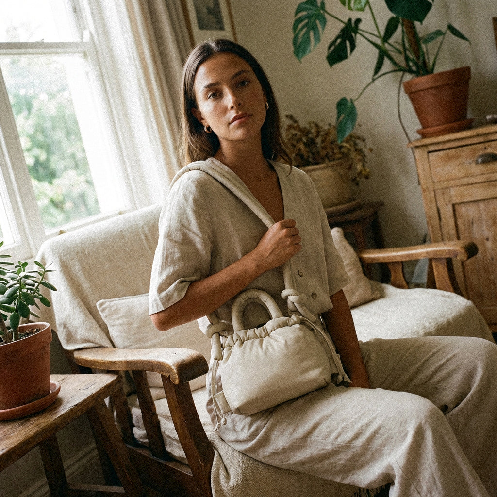 Woman sitting in a cozy room wearing a PLSH designer handbag with plants and wooden furniture