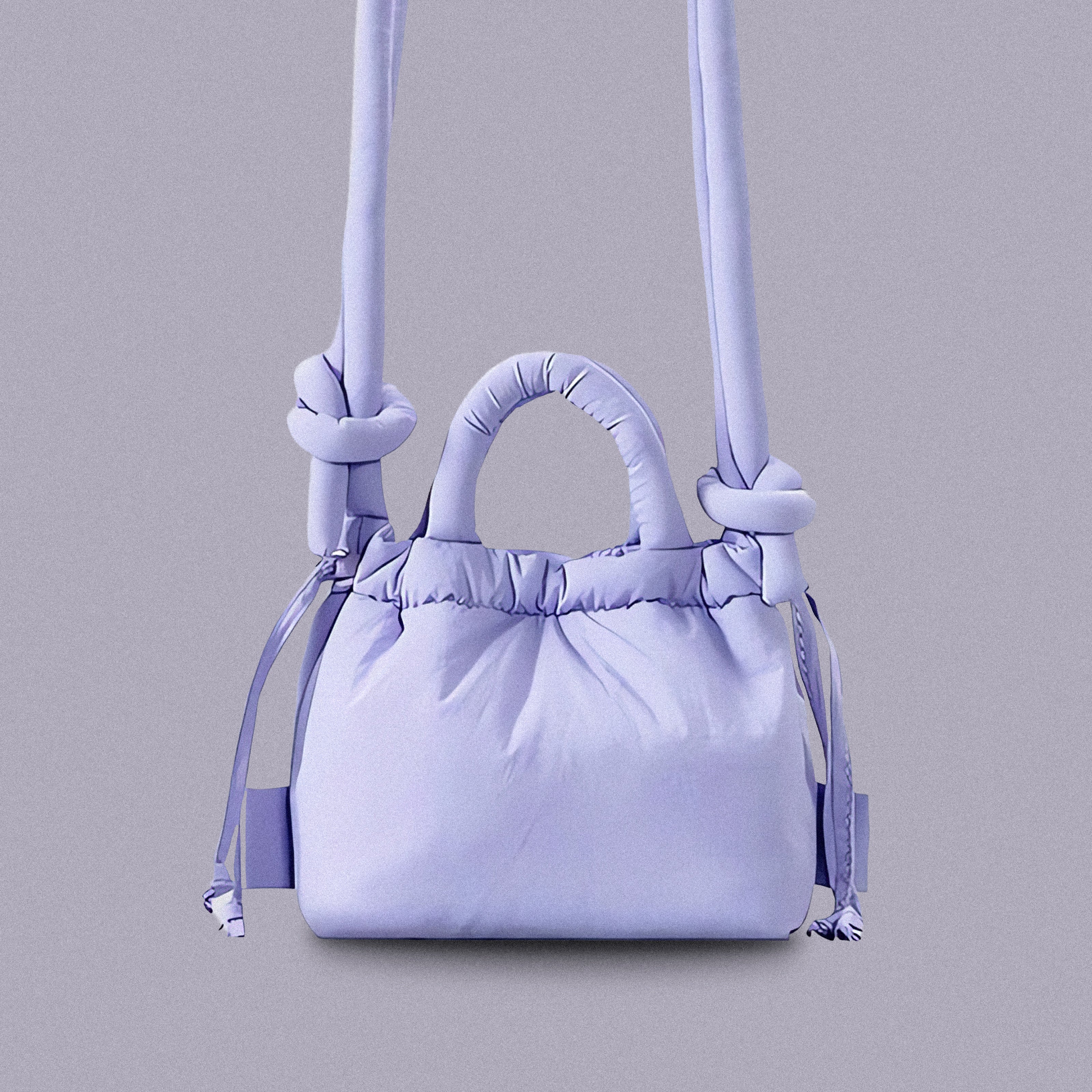 PLSH lilac women’s designer puffer handbag on a lilac background