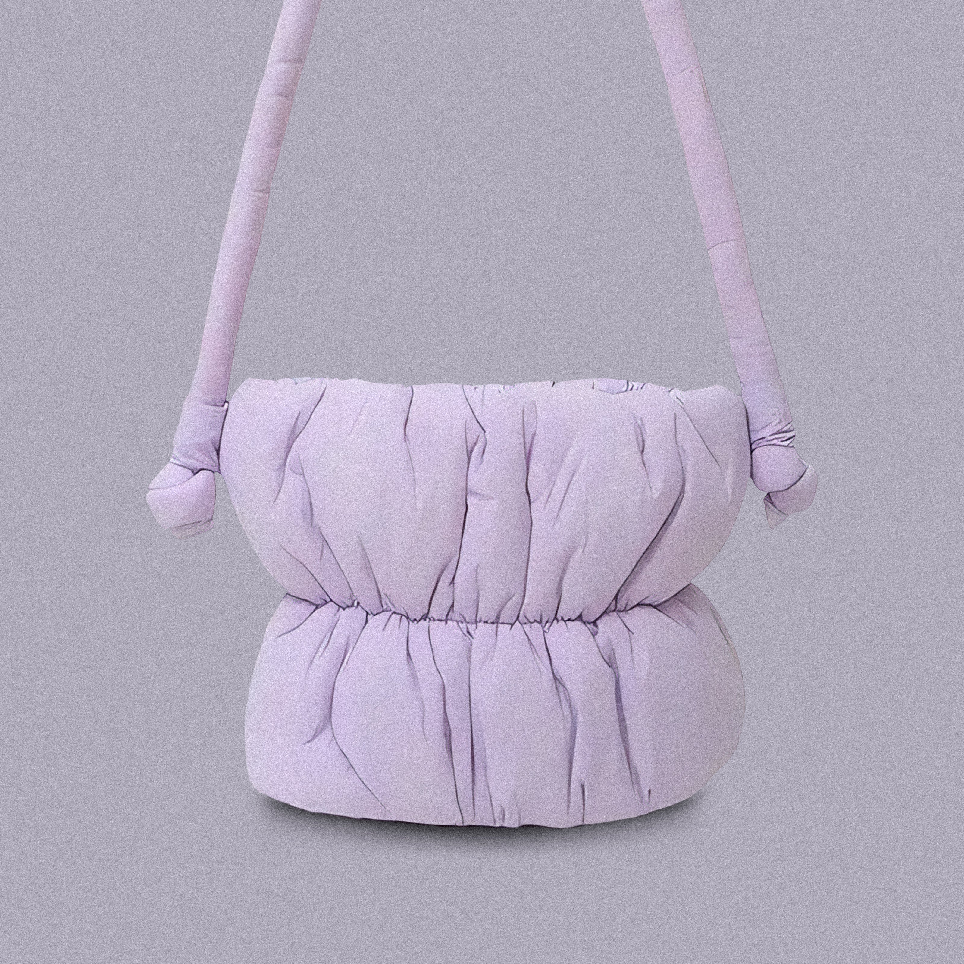 PLSH lilac women’s designer puffer handbag on a lilac background