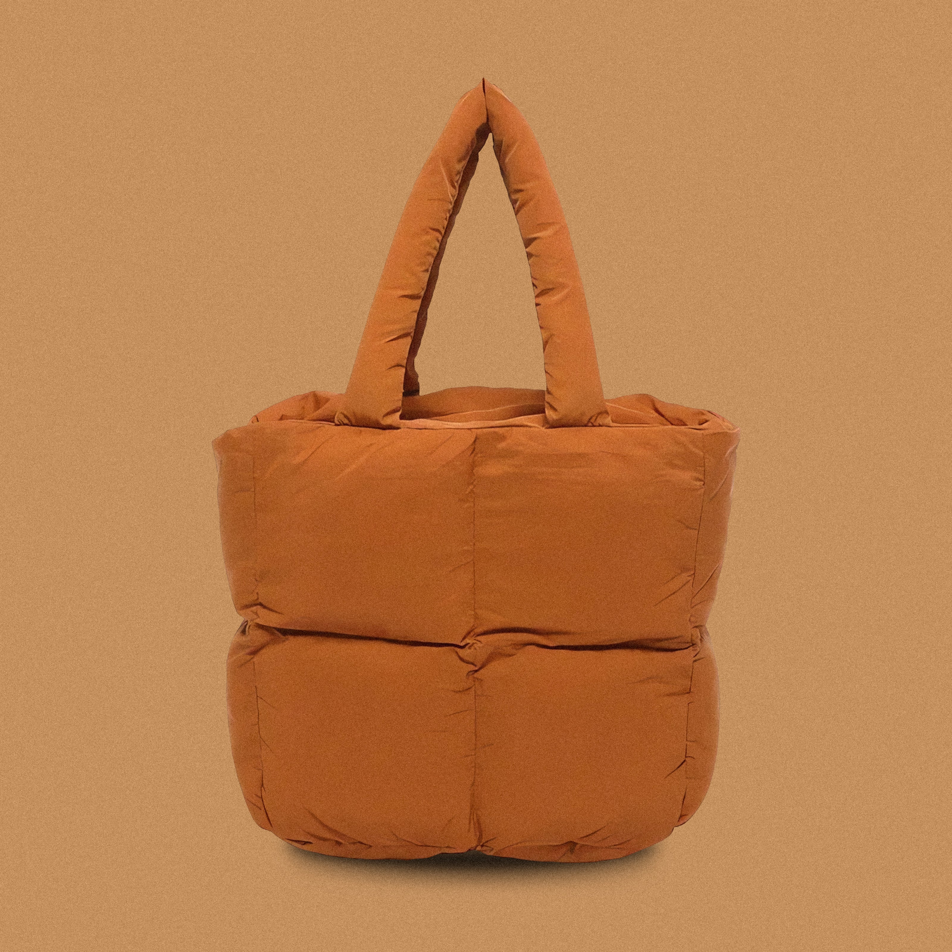 PLSH brown women’s designer puffer handbag on a brown background