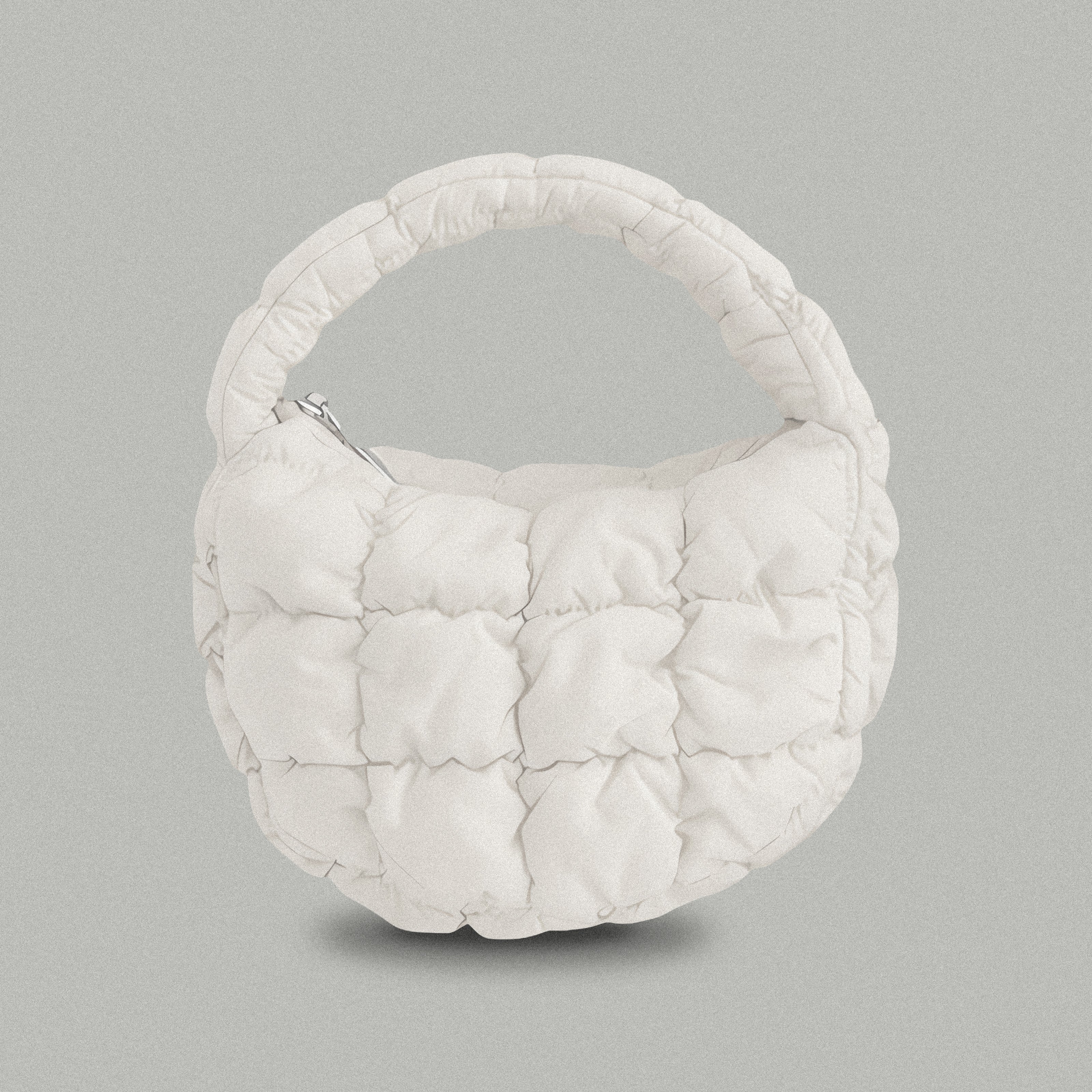 PLSH white women’s designer puffer handbag on a gray background