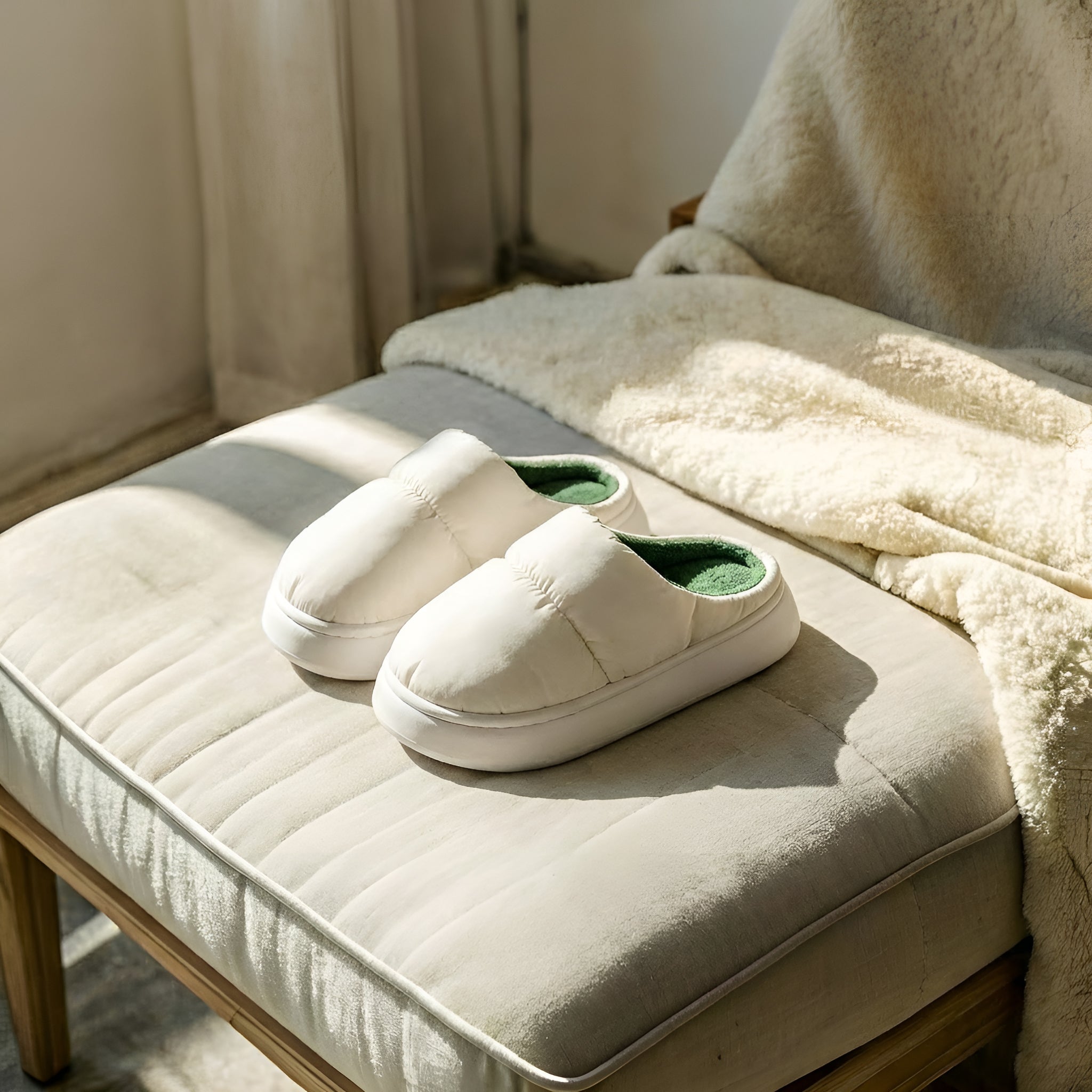 Pair of PLSH white women's premium slippers with green interior on a cushioned bench