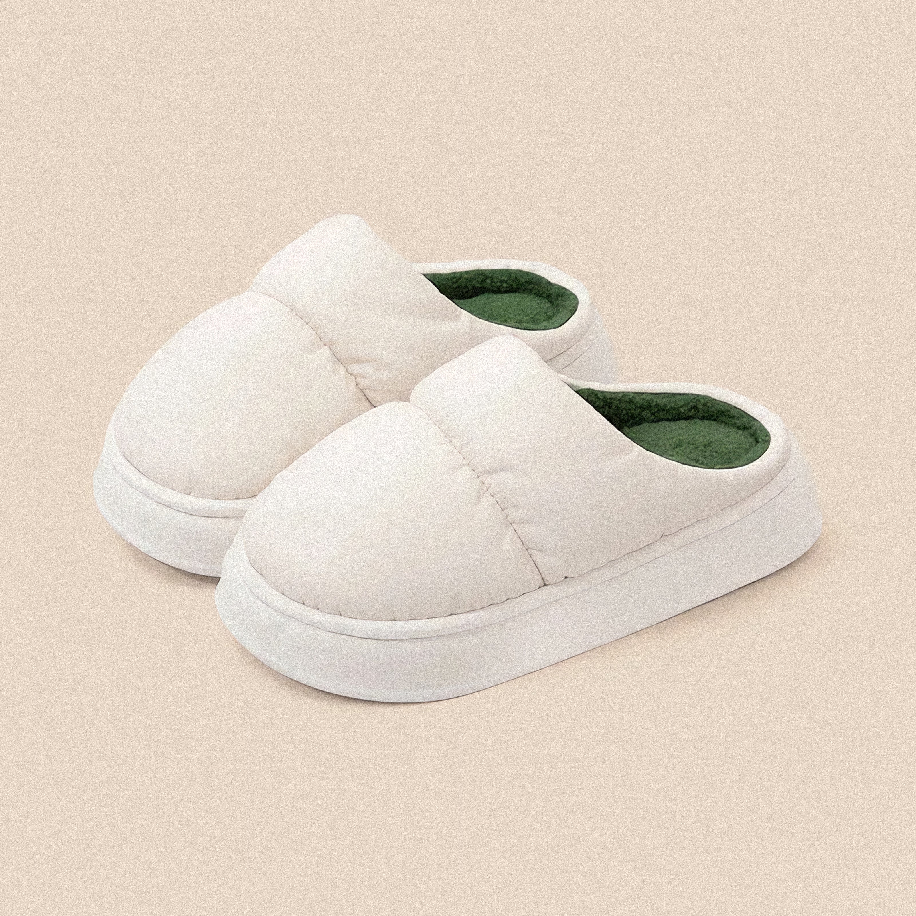 PLSH white women’s premium puffer slippers on a white background